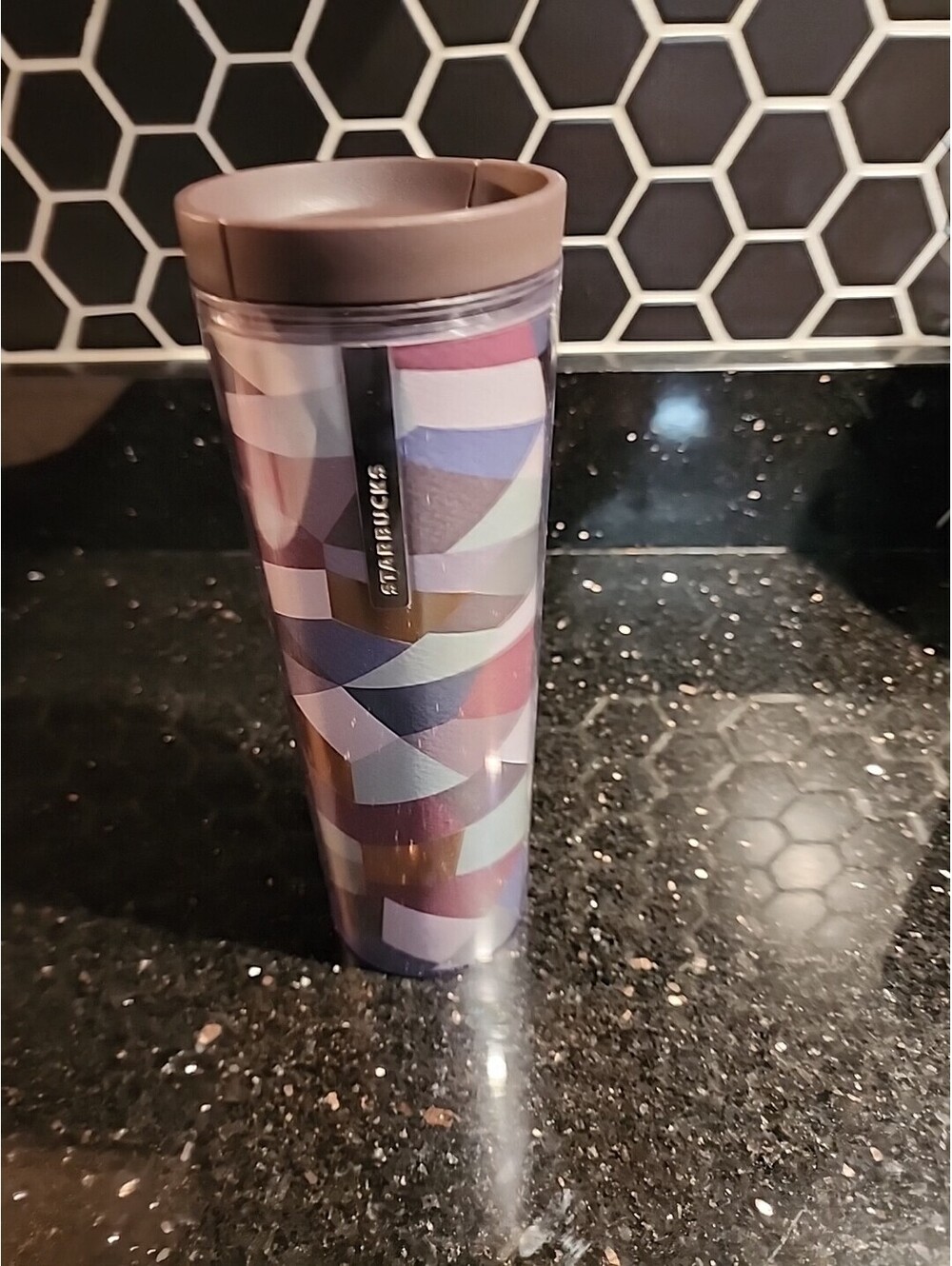 2013 Starbucks Mosaic Gold Gray Foil Acrylic Tumbler 16 oz Slider Lid w UPC Tag